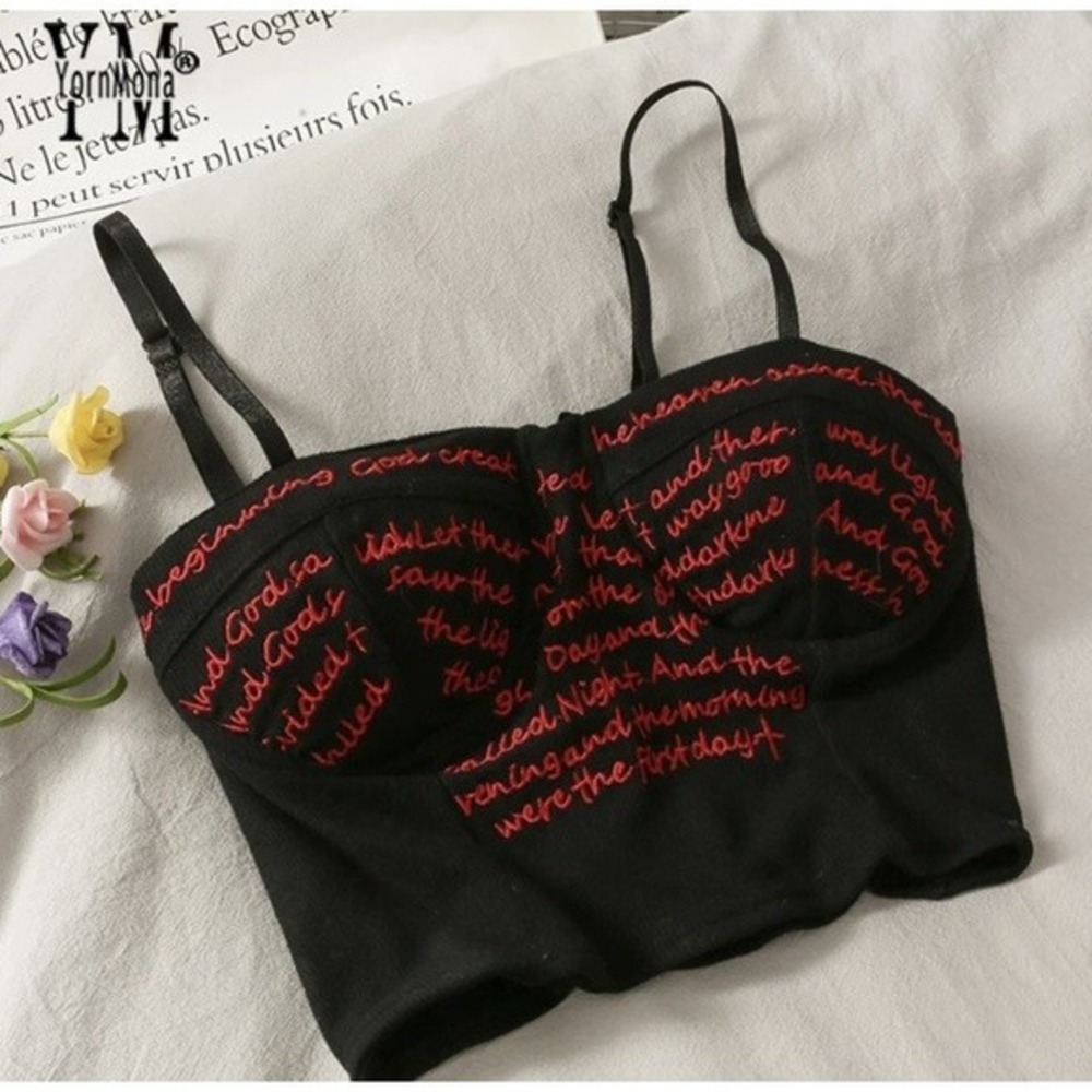 Bustier Crop Top Womens Small Black New Script Embroidered Ribbed Corset Tank xs